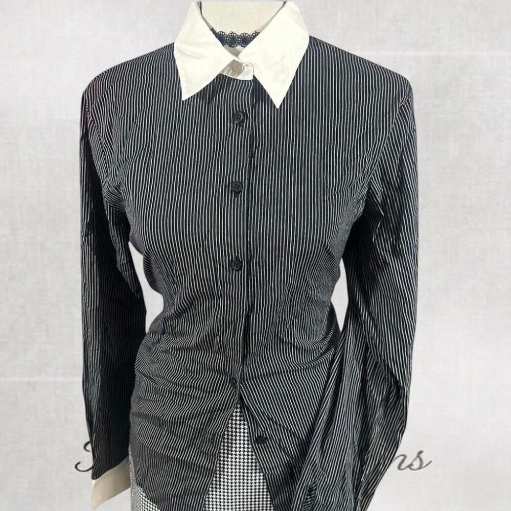 Dark Academia Preppy Collared Pinstripe Button Up Long Sleeve Top